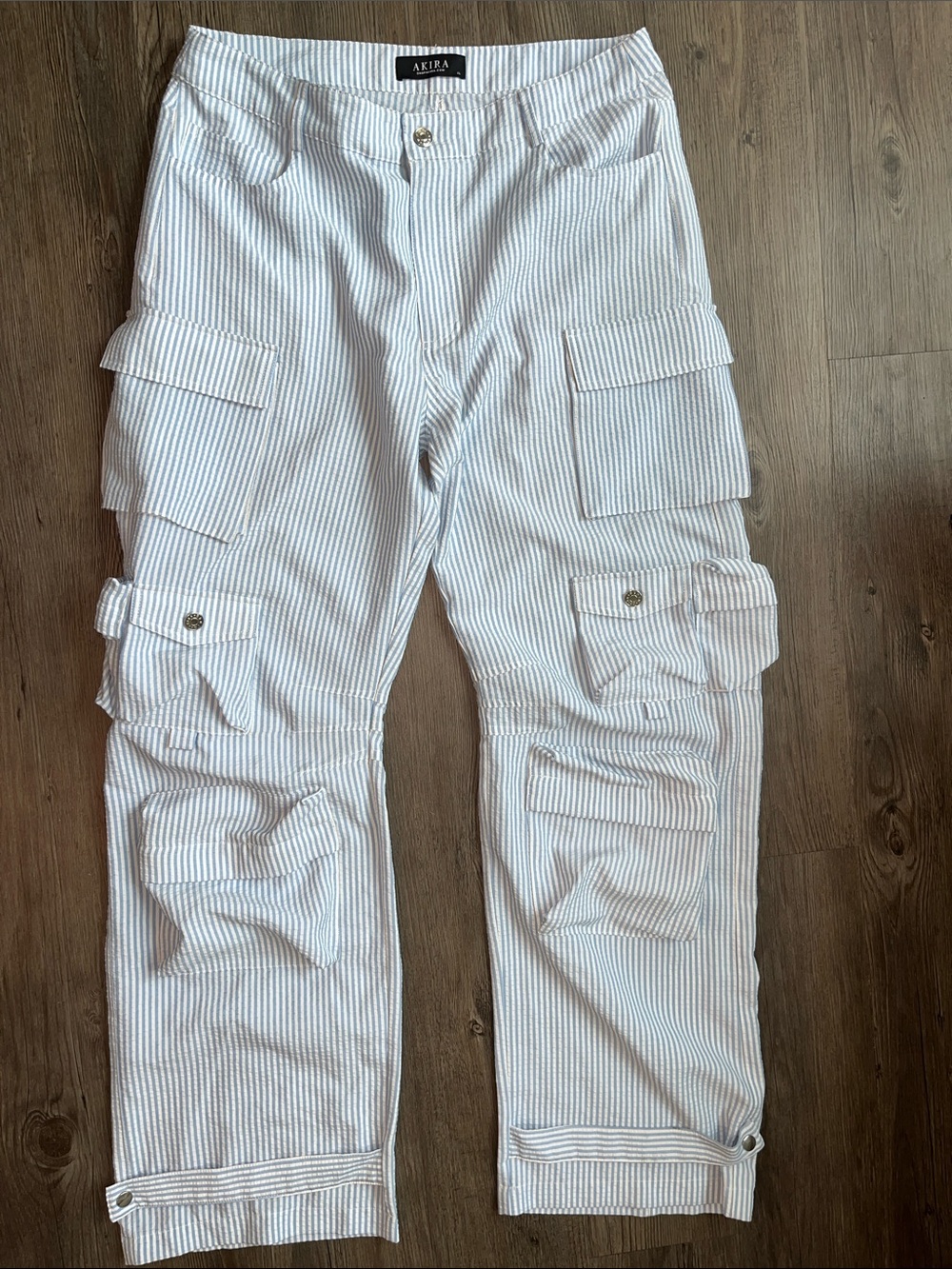 AKIRA White and Baby Blue Pinstripe Cargo Pants